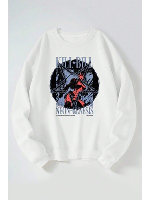 The Wert Kıll Bıll Neon Genesıs Baskılı Kadın/erkek Beyaz Bisiklet Yaka Pamuklu Sweatshirt