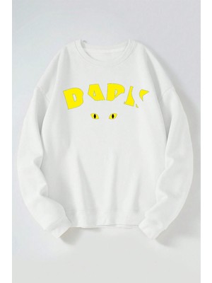 The Wert Dark Cat Baskılı Kadın/erkek Beyaz Bisiklet Yaka Pamuklu Sweatshirt