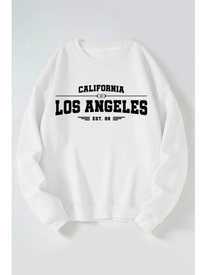 The Wert California Los Angeles Est 98 Baskılı Kadın/erkek Beyaz Bisiklet Yaka Pamuklu Sweatshirt