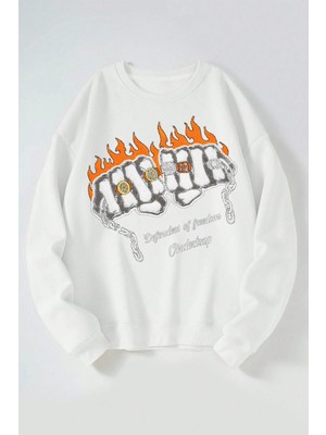 The Wert Defenders Of Freedom Baskılı Kadın/erkek Beyaz Bisiklet Yaka Pamuklu Sweatshirt