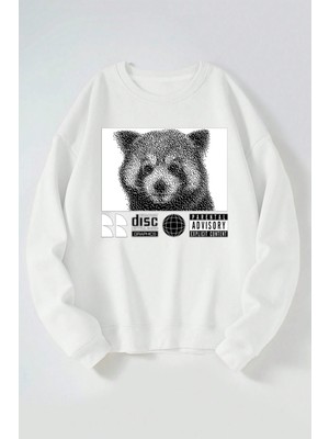 The Wert Bear Dısc Baskılı Kadın/erkek Beyaz Bisiklet Yaka Pamuklu Sweatshirt