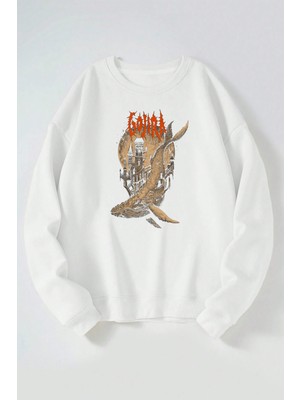 The Wert Gojıra Balina Baskılı Kadın/erkek Beyaz Bisiklet Yaka Pamuklu Sweatshirt