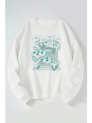 The Wert Konsol Play Baskılı Kadın/erkek Beyaz Bisiklet Yaka Pamuklu Sweatshirt