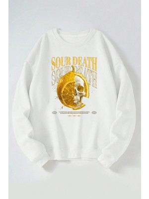 The Wert Sour Death Baskılı Kadın/erkek Beyaz Bisiklet Yaka Pamuklu Sweatshirt