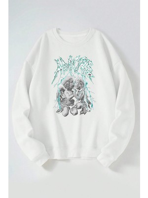 The Wert Amore Baskılı Kadın/erkek Beyaz Bisiklet Yaka Pamuklu Sweatshirt