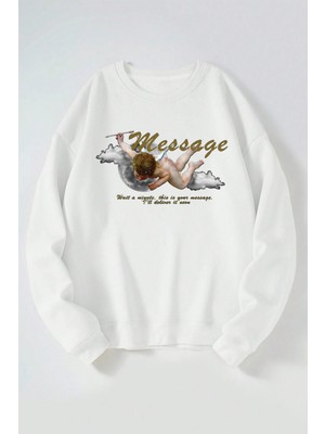 The Wert Message Baskılı Kadın/erkek Beyaz Bisiklet Yaka Pamuklu Sweatshirt