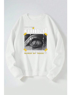 The Wert Ruined Göz Baskılı Kadın/erkek Beyaz Bisiklet Yaka Pamuklu Sweatshirt