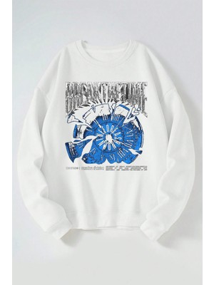 The Wert Break The Time Baskılı Kadın/erkek Beyaz Bisiklet Yaka Pamuklu Sweatshirt