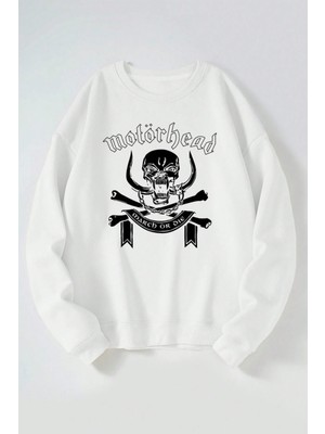 The Wert Motör Head March Ör Die Baskılı Kadın/erkek Beyaz Bisiklet Yaka Pamuklu Sweatshirt