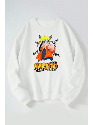 The Wert Naruto Baskılı Kadın/erkek Beyaz Bisiklet Yaka Pamuklu Sweatshirt