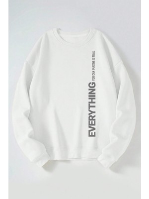 The Wert Everythıng Baskılı Kadın/erkek Beyaz Bisiklet Yaka Pamuklu Sweatshirt