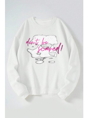The Wert The Face Is Scared Baskılı Kadın/erkek Beyaz Bisiklet Yaka Pamuklu Sweatshirt