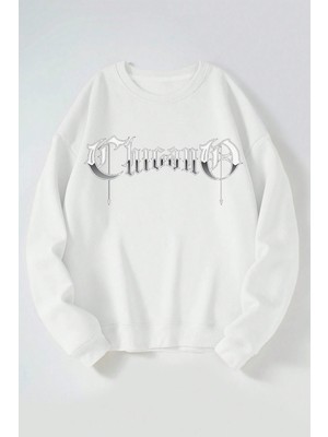 The Wert Chicano Baskılı Kadın/erkek Beyaz Bisiklet Yaka Pamuklu Sweatshirt