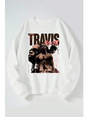 The Wert Travis Scott Jack Cactus Baskılı Kadın/erkek Beyaz Bisiklet Yaka Pamuklu Sweatshirt