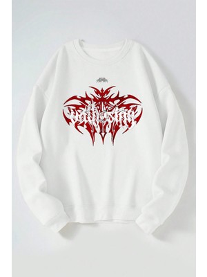 The Wert Valhesing Baskılı Kadın/erkek Beyaz Bisiklet Yaka Pamuklu Sweatshirt