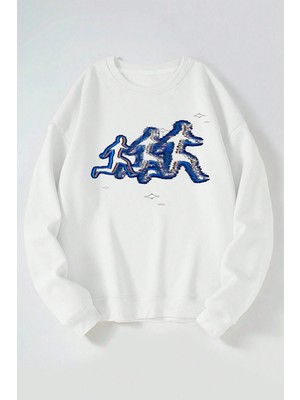 The Wert Koşan Adam Baskılı Kadın/erkek Beyaz Bisiklet Yaka Pamuklu Sweatshirt