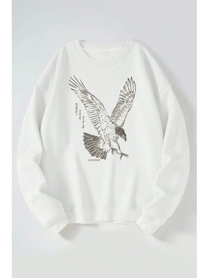 The Wert Rabel Your Style Kartal Baskılı Kadın/erkek Beyaz Bisiklet Yaka Pamuklu Sweatshirt