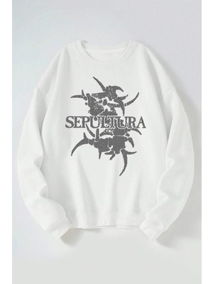 The Wert Sepultura Baskılı Kadın/erkek Beyaz Bisiklet Yaka Pamuklu Sweatshirt
