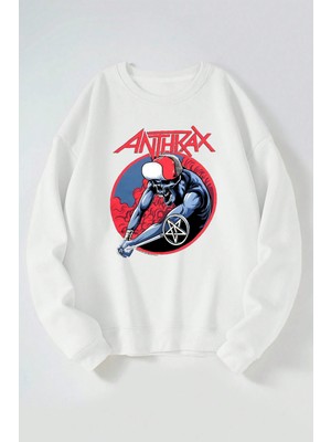 The Wert Anthrax Baskılı Kadın/erkek Beyaz Bisiklet Yaka Pamuklu Sweatshirt