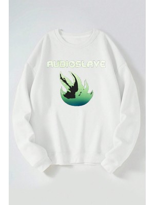 The Wert Audio Slave Baskılı Kadın/erkek Beyaz Bisiklet Yaka Pamuklu Sweatshirt