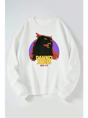 The Wert Danko Jones Wıld Cat Baskılı Kadın/erkek Beyaz Bisiklet Yaka Pamuklu Sweatshirt