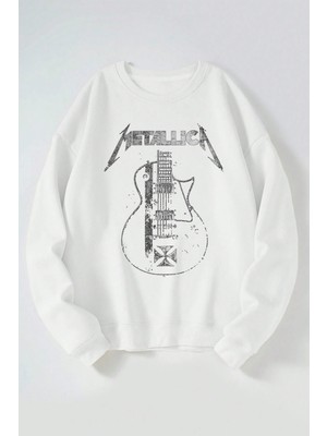 The Wert Metallıca Gitar Baskılı Kadın/erkek Beyaz Bisiklet Yaka Pamuklu Sweatshirt