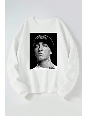 The Wert Eminem Shany Baskılı Kadın/erkek Beyaz Bisiklet Yaka Pamuklu Sweatshirt