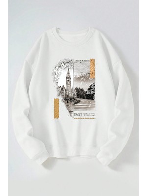 The Wert Fast Track Baskılı Kadın/erkek Beyaz Bisiklet Yaka Pamuklu Sweatshirt