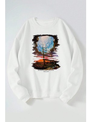 The Wert Gökyüzüne Merdiven Baskılı Kadın/erkek Beyaz Bisiklet Yaka Pamuklu Sweatshirt