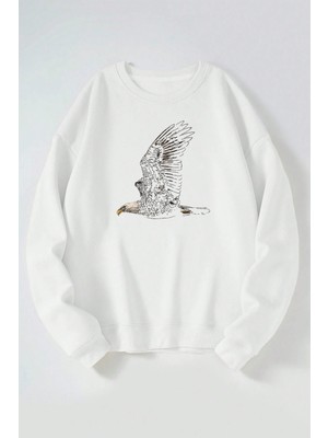 The Wert Kartal Baskılı Kadın/erkek Beyaz Bisiklet Yaka Pamuklu Sweatshirt
