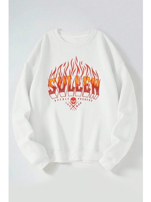 The Wert Sullen Baskılı Kadın/erkek Beyaz Bisiklet Yaka Pamuklu Sweatshirt