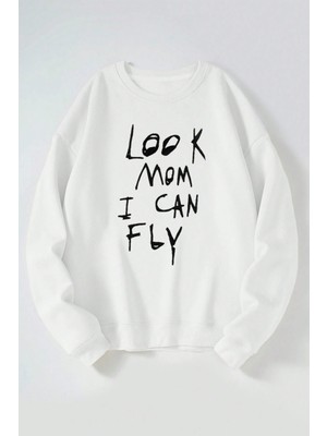 The Wert Look Mom I Can Fly Baskılı Kadın/erkek Beyaz Bisiklet Yaka Pamuklu Sweatshirt