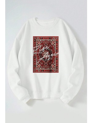 The Wert Rise Again Baskılı Kadın/erkek Beyaz Bisiklet Yaka Pamuklu Sweatshirt