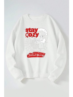 The Wert Stay Cozy Baskılı Kadın/erkek Beyaz Bisiklet Yaka Pamuklu Sweatshirt