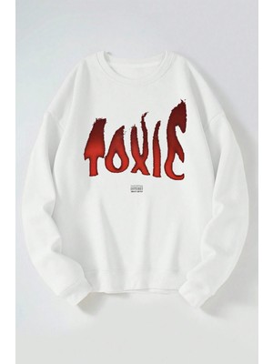 The Wert Toxıe Baskılı Kadın/erkek Beyaz Bisiklet Yaka Pamuklu Sweatshirt