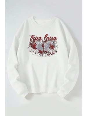 The Wert True Love Baskılı Kadın/erkek Beyaz Bisiklet Yaka Pamuklu Sweatshirt