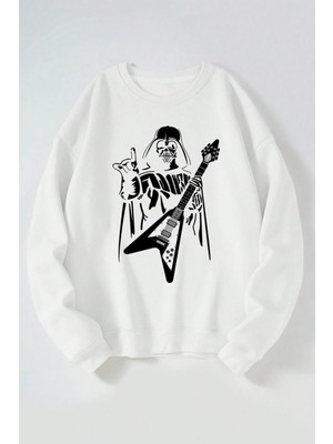 The Wert Darth Vader Rock Baskılı Kadın/erkek Beyaz Bisiklet Yaka Pamuklu Sweatshirt