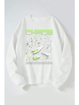 The Wert Chaos Baskılı Kadın/erkek Beyaz Bisiklet Yaka Pamuklu Sweatshirt