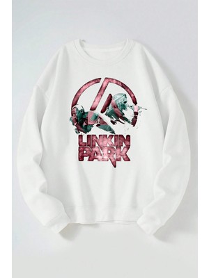 The Wert Lınkın Park Mikrafon Baskılı Kadın/erkek Beyaz Bisiklet Yaka Pamuklu Sweatshirt
