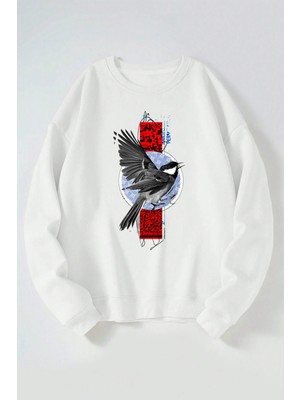 The Wert Güvercin Red Baskılı Kadın/erkek Beyaz Bisiklet Yaka Pamuklu Sweatshirt