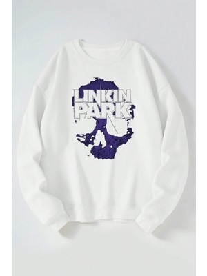 The Wert Lınkın Park Mor Kafa Baskılı Kadın/erkek Beyaz Bisiklet Yaka Pamuklu Sweatshirt