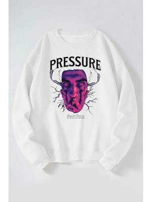 The Wert Pressure Baskılı Kadın/erkek Beyaz Bisiklet Yaka Pamuklu Sweatshirt