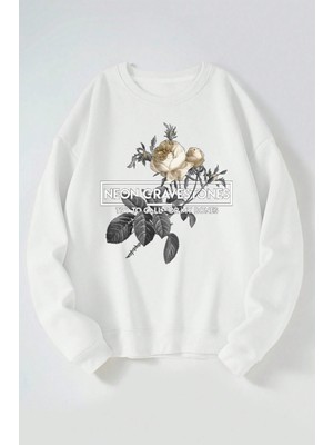 The Wert Neon Gravestones Baskılı Kadın/erkek Beyaz Bisiklet Yaka Pamuklu Sweatshirt