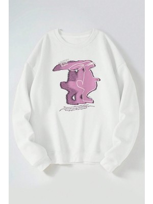 The Wert Pink Rabbit Baskılı Kadın/erkek Beyaz Bisiklet Yaka Pamuklu Sweatshirt
