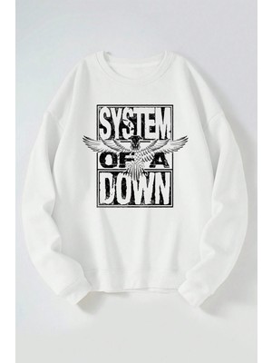 The Wert System Of A Down Baskılı Kadın/erkek Beyaz Bisiklet Yaka Pamuklu Sweatshirt