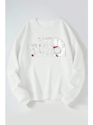 The Wert The Kıller Face Baskılı Kadın/erkek Beyaz Bisiklet Yaka Pamuklu Sweatshirt