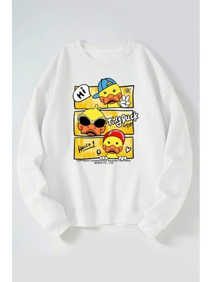 The Wert Tioly Duck Baskılı Kadın/erkek Beyaz Bisiklet Yaka Pamuklu Sweatshirt
