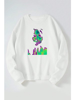 The Wert Grınd Baskılı Kadın/erkek Beyaz Bisiklet Yaka Pamuklu Sweatshirt