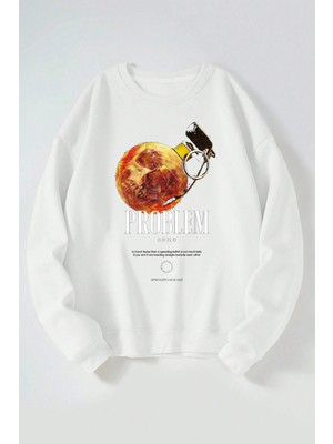 The Wert Problem Child Baskılı Kadın/erkek Beyaz Bisiklet Yaka Pamuklu Sweatshirt