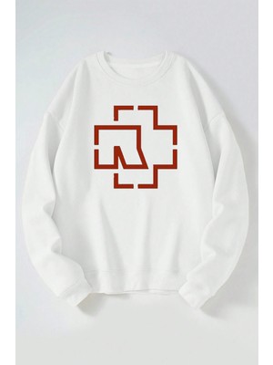 The Wert Ramm Stein Logo Red Baskılı Kadın/erkek Beyaz Bisiklet Yaka Pamuklu Sweatshirt